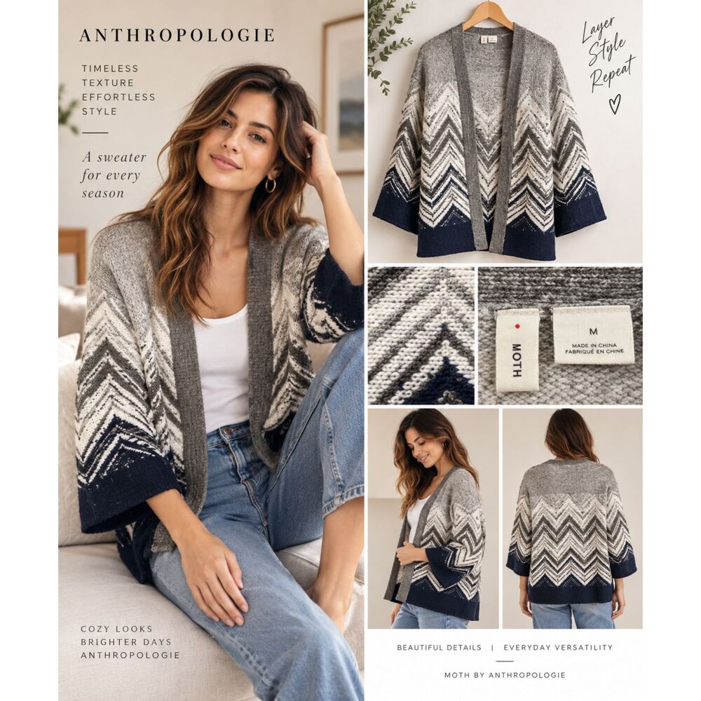 Anthropologie Moth Gray Ivory Navy Chevron Wool Blend Cardigan Size M